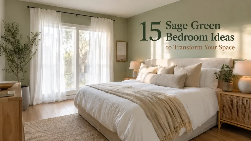 sage green bedroom ideas with white linen bedding and natural wood accents in morning light
