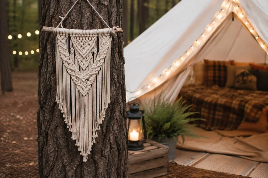 A Macrame Hanging on a Tree Trunk