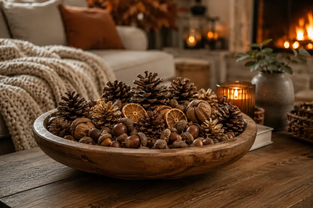 wooden bowl filled with pinecones and acorns as autumn home decor centerpiece