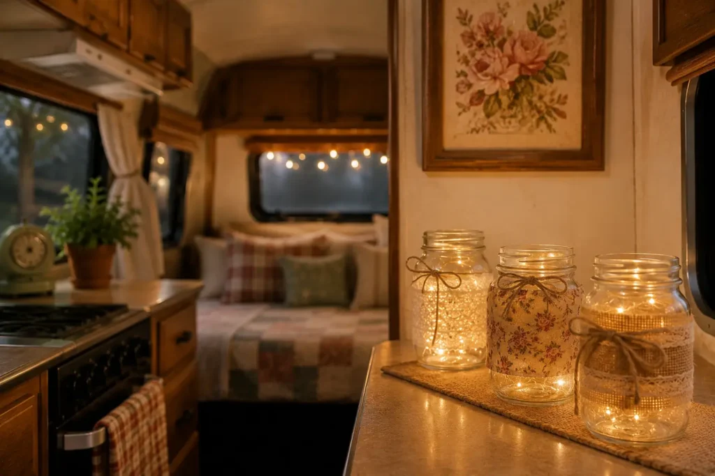 mason jars with fairy lights in camper kitchen