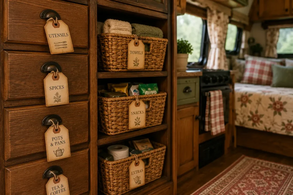 vintage luggage tags as drawer labels in camper