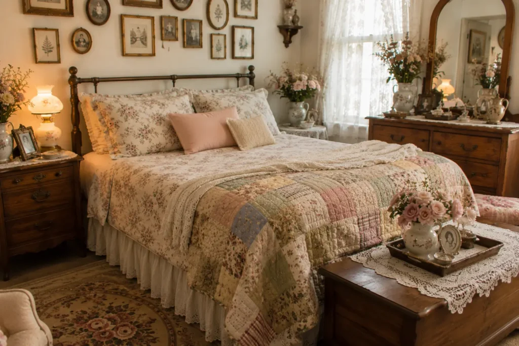 Grandma core bedroom patchwork quilt folded at foot of bed with floral bedding