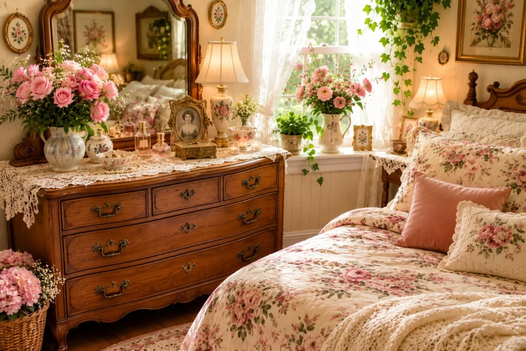 Grandma core bedroom vintage wooden dresser styled with ceramic vase and dried flowers