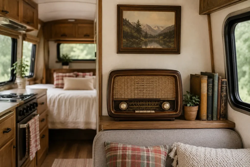 vintage radio decor piece in camper trailer