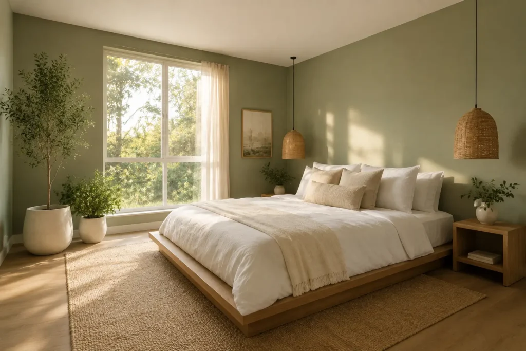all over sage green bedroom walls with rattan pendant light and white linen bedding