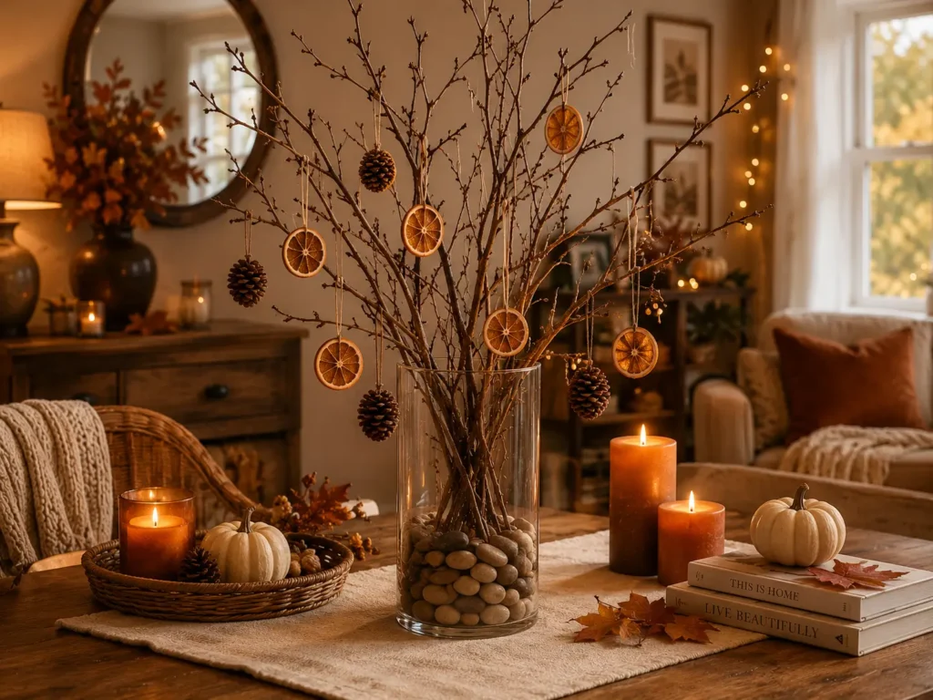 tall glass vase with bare branches and dried oranges as autumn centerpiece