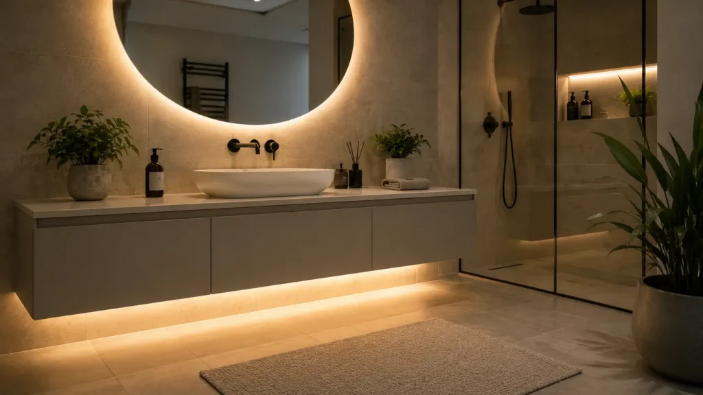 Modern floating bathroom vanity with hidden LED lighting underneath creating a luxury glow effect