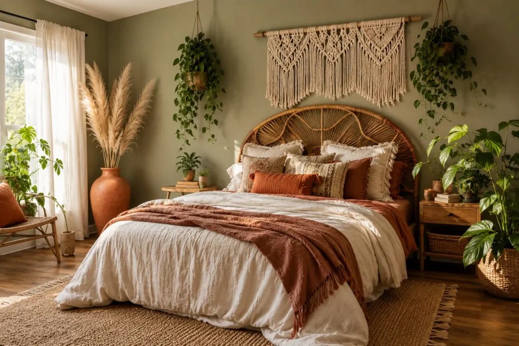 boho sage green bedroom with macrame wall hanging terracotta cushions and pampas grass