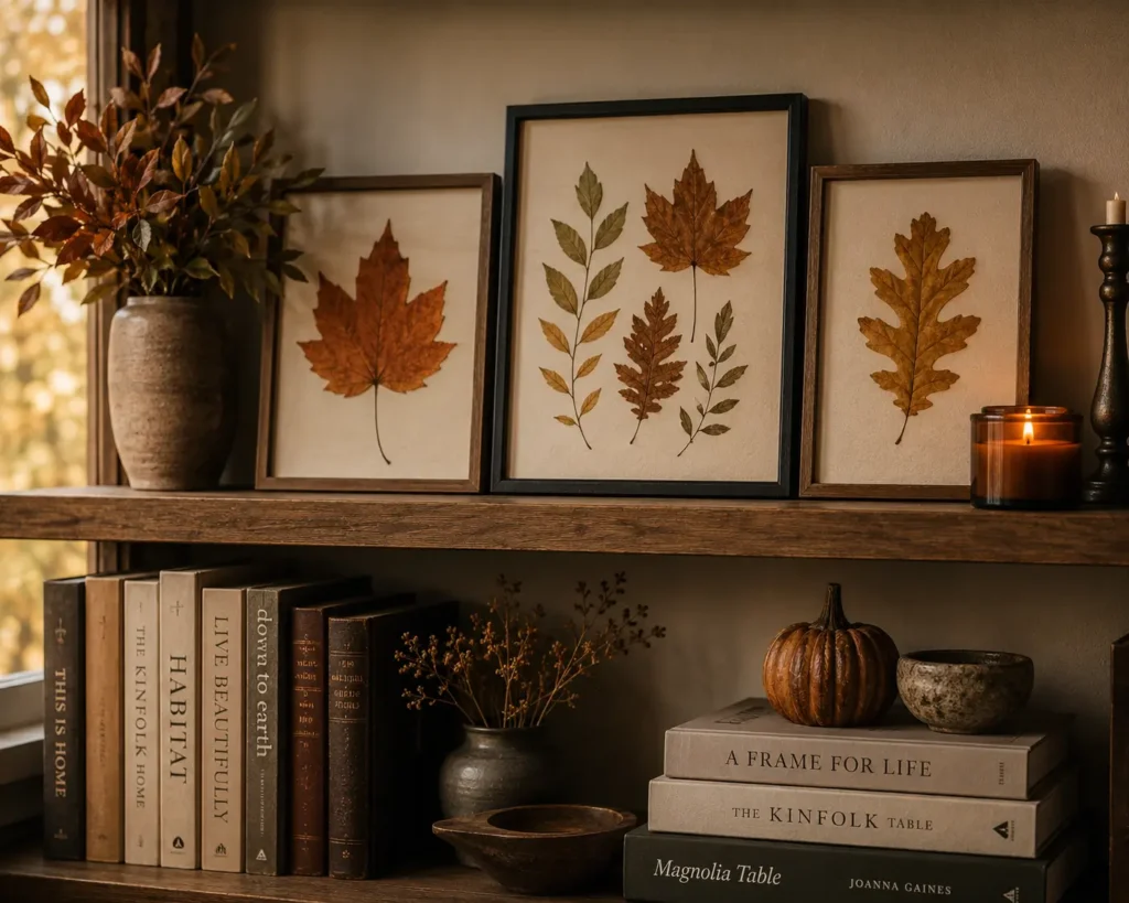 framed pressed autumn leaves displayed on bookshelf as fall wall decor