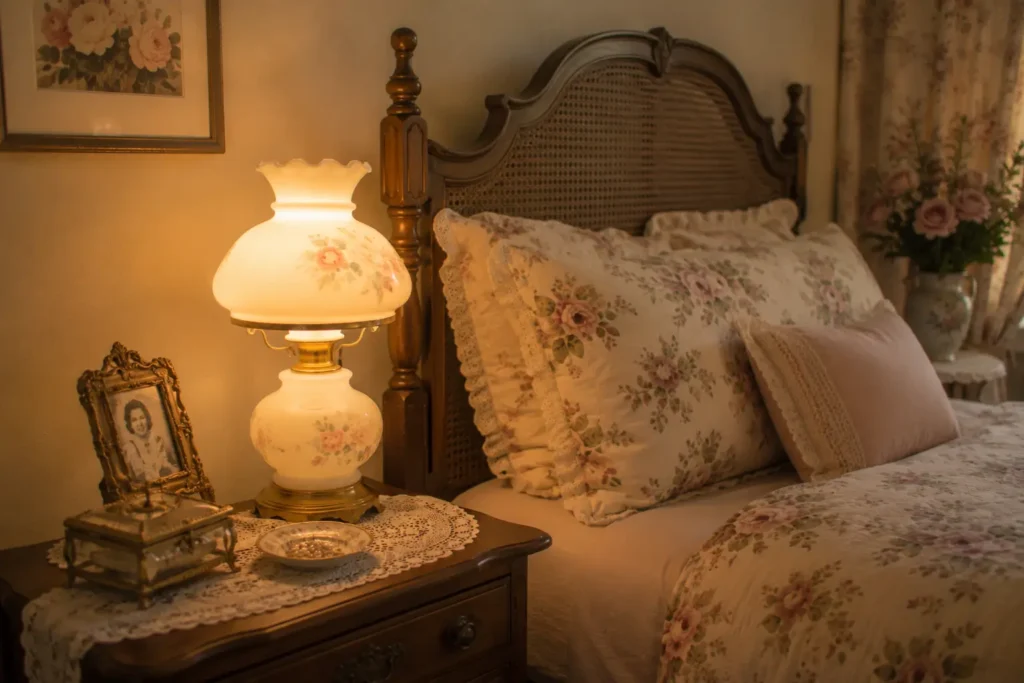Grandma core bedroom ideas with milk glass lamp glowing warm on vintage nightstand