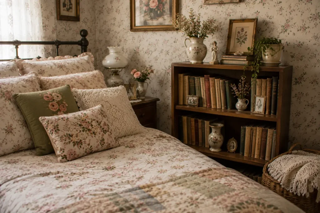 Grandma core bedroom small vintage bookshelf with worn paperbacks and ceramic figurines