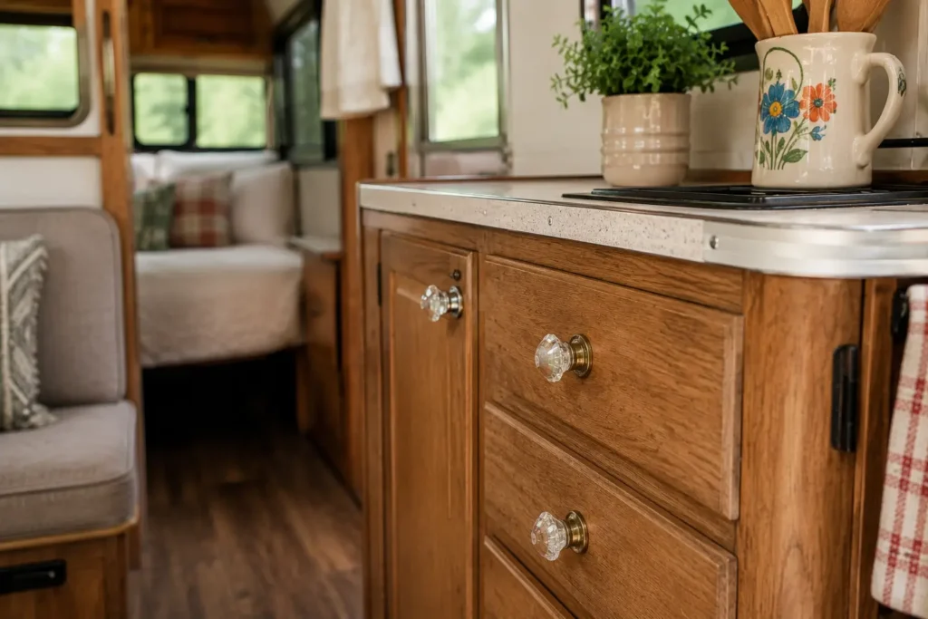 vintage brass drawer knobs in camper kitchen