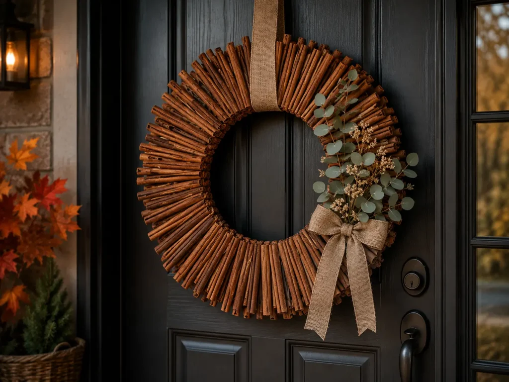 handmade cinnamon stick wreath on front door for autumn home decorating