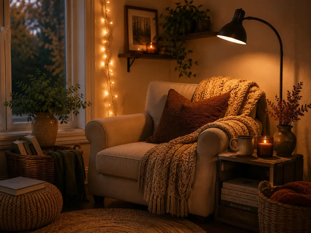 cozy reading corner with chunky knit blanket and warm fairy lights for autumn