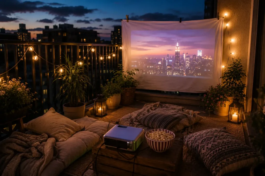 balcony movie night setup with mini projector white sheet hung on railing and floor cushions outdoor cinema