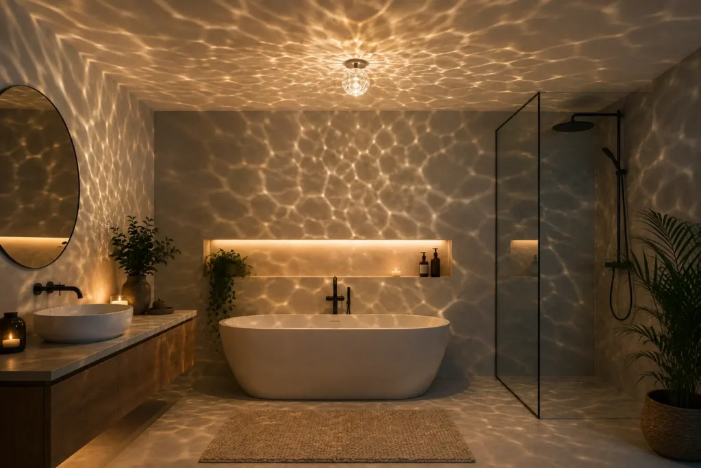 Crystal water ripple projector casting moving blue light reflections across bathroom walls and ceiling
