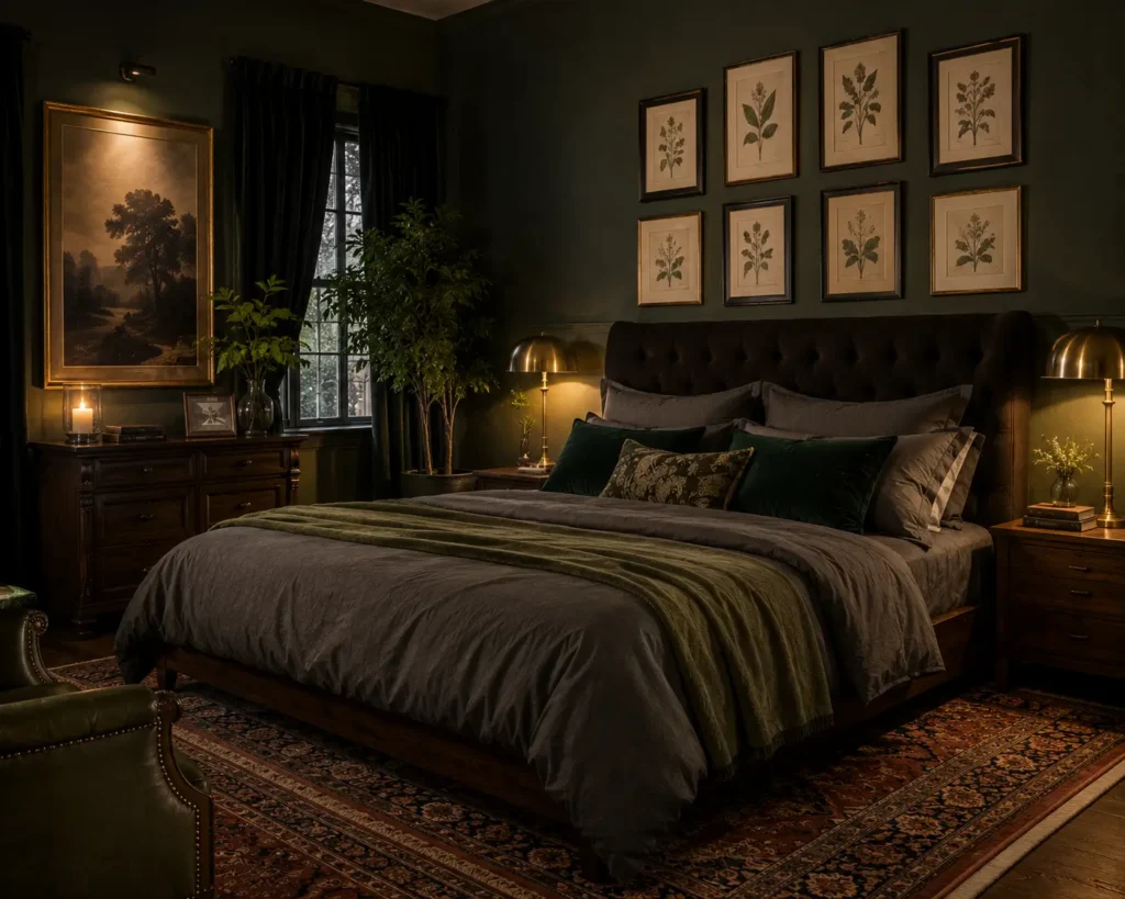 dark moody sage green bedroom with brass accents and emerald velvet cushions