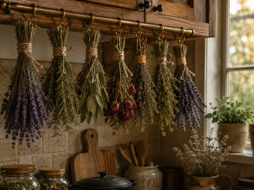 dried lavender and rosemary bundles hanging in kitchen for autumn decor