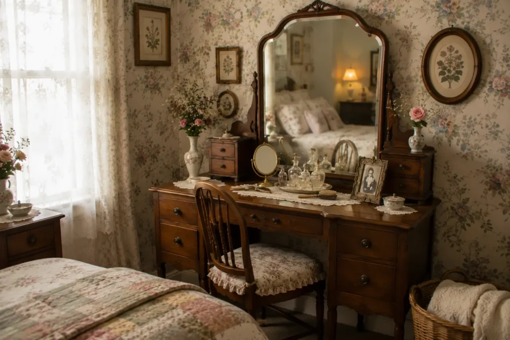 Grandma core bedroom vintage mirrored dressing table with perfume bottles and flowers