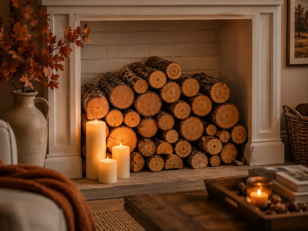 neatly stacked firewood with pillar candles for cozy fall fireplace display