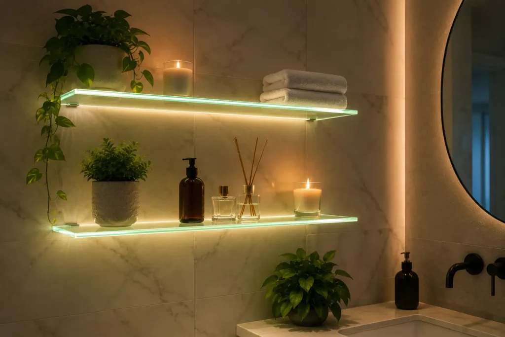 Floating glass bathroom shelves with illuminated LED edges displaying decorative accessories