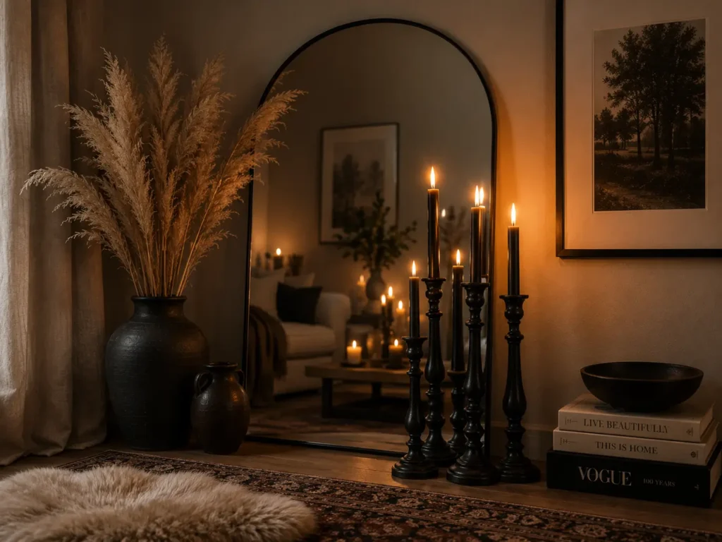 large leaning mirror with dark candles for moody autumn room decor