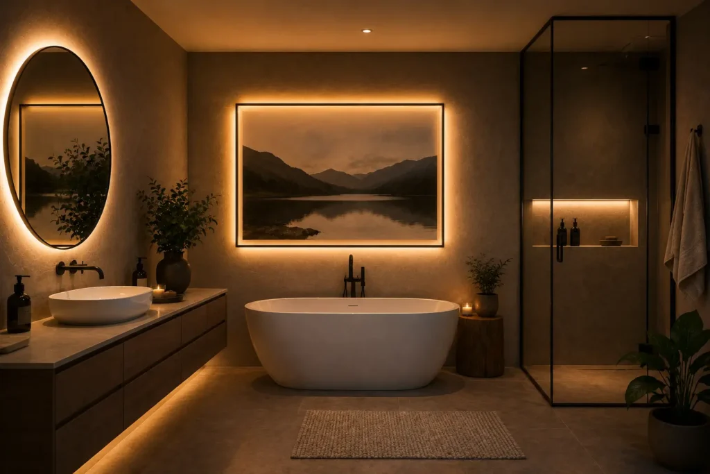 Framed bathroom artwork highlighted with hidden LED lighting for a modern decorative display