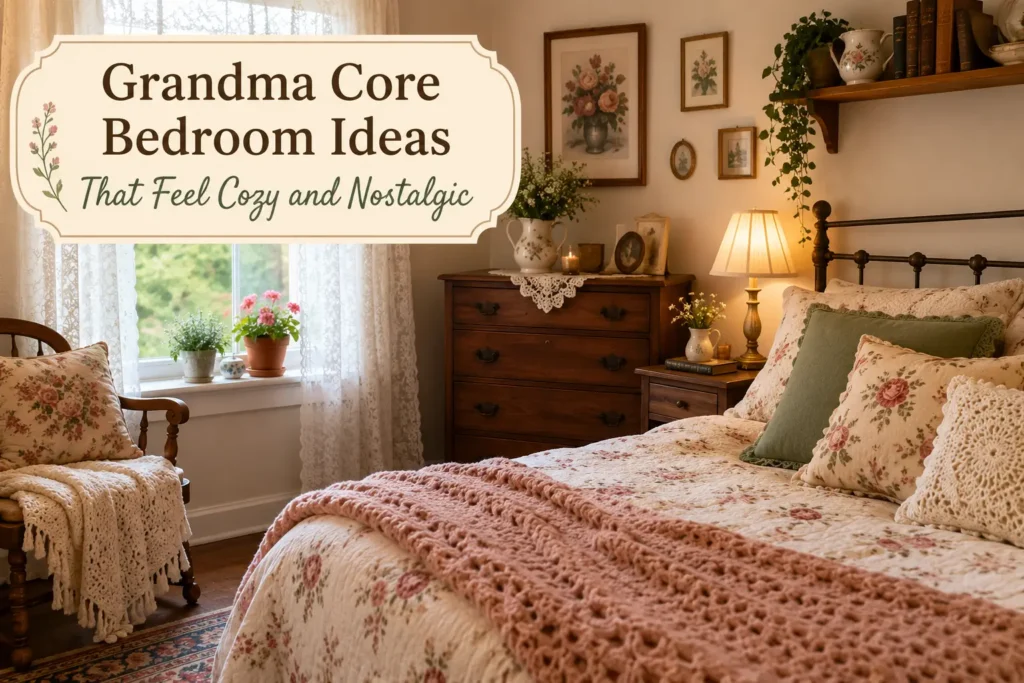 Grandma core bedroom ideas with floral duvet and vintage lace curtains in dusty rose and cream