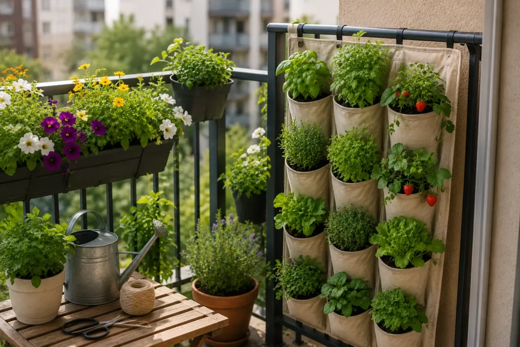 fabric shoe organizer used as vertical herb garden hanging on balcony railing small space idea