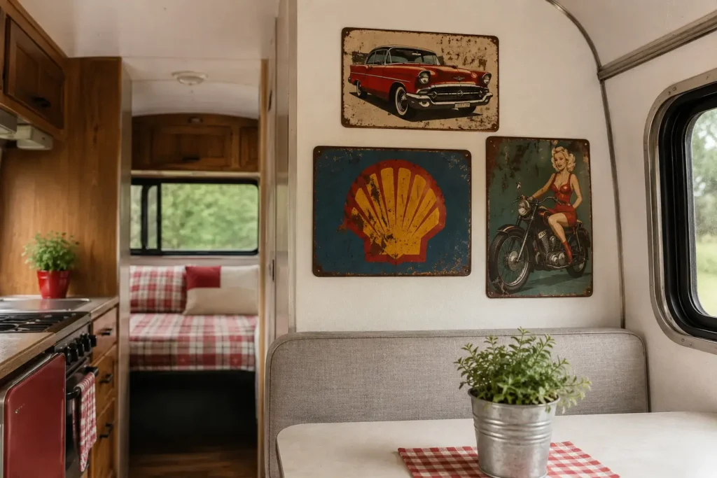 retro tin signs as camper wall art