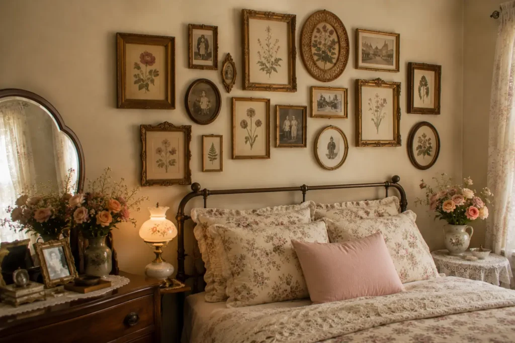 Grandma core bedroom mismatched vintage frames gallery wall with botanical prints