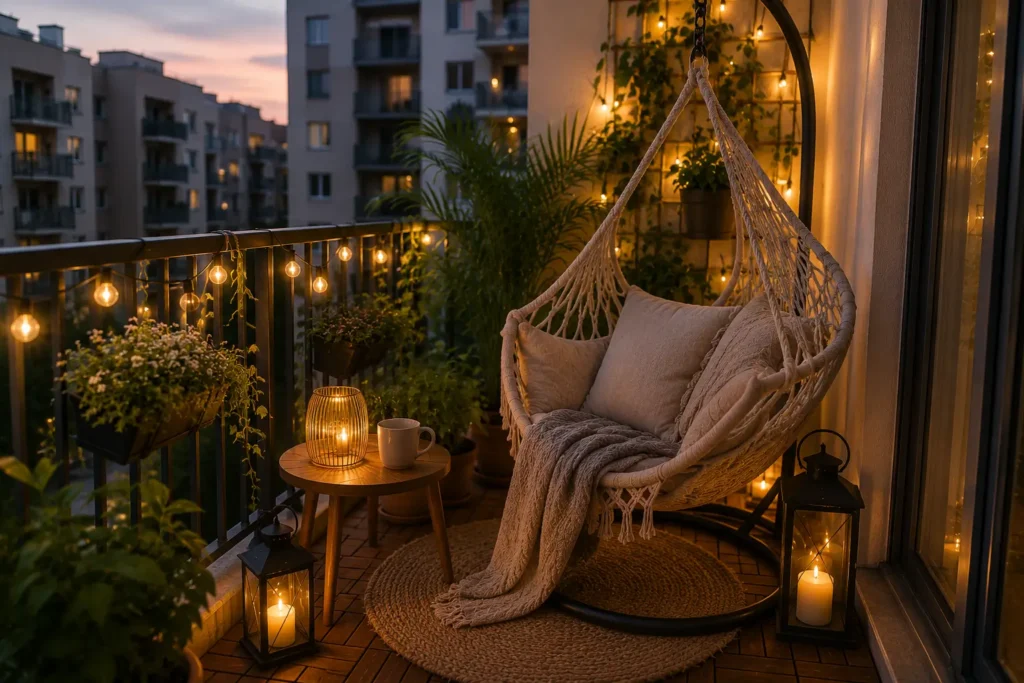 hanging hammock chair with freestanding metal stand on small apartment balcony renter friendly no ceiling drill