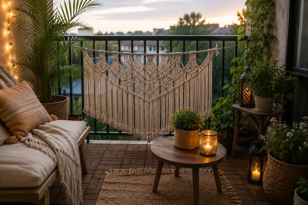 boho macrame wall hanging tied to apartment balcony metal railing no hardware needed