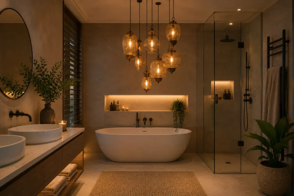 Cluster of hanging lantern lights at different heights creating a warm and inviting bathroom ambiance