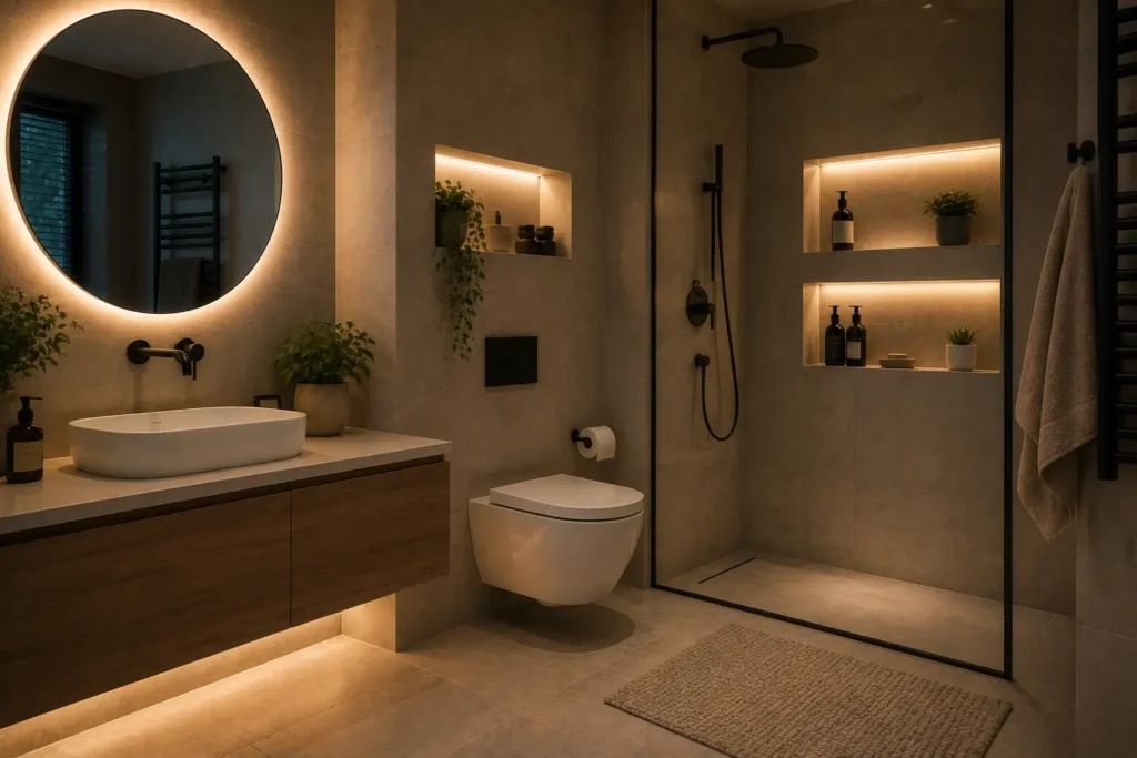 Built-in bathroom wall niche illuminated with hidden LED lighting and stylish decorative items