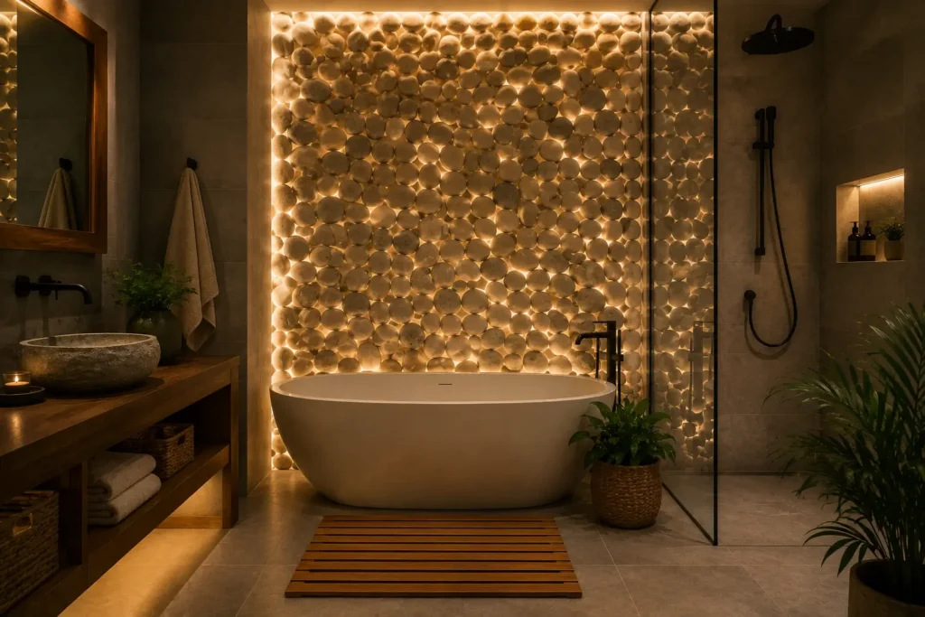 Decorative pebble accent wall with hidden LED lighting creating a natural spa bathroom atmosphere