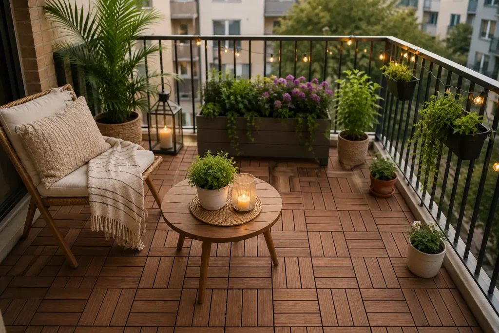 interlocking wood deck tiles placed over concrete rental balcony floor renter friendly