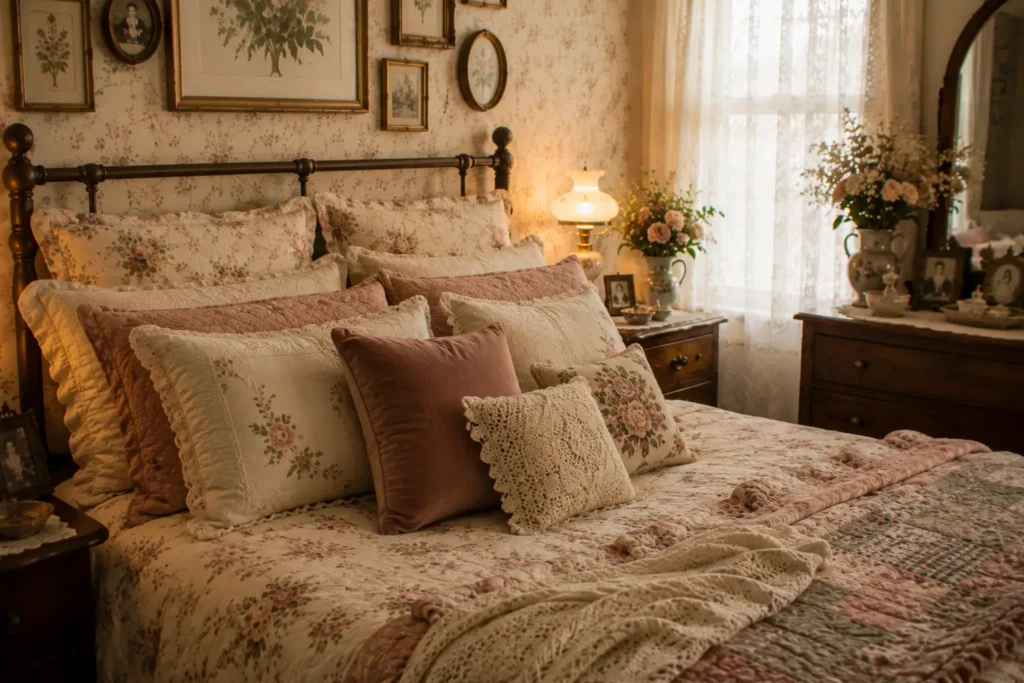 Grandma core bedroom ideas with layered floral and crochet cushions in dusty rose velvet