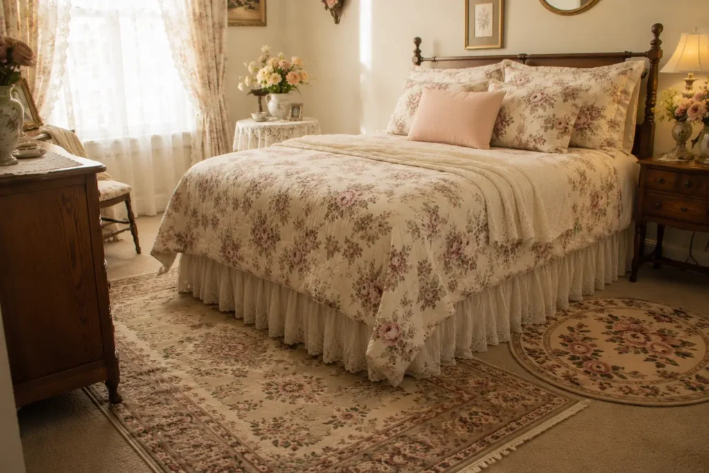 Grandma core bedroom round floral rug beside vintage bed in warm nostalgic colors
