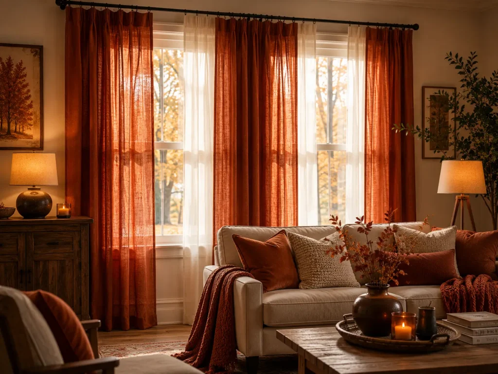rust colored linen curtains layered over white sheers for fall window decor