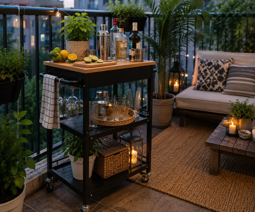 IKEA raskog kitchen trolley styled as outdoor balcony bar cart with plants and wine glasses