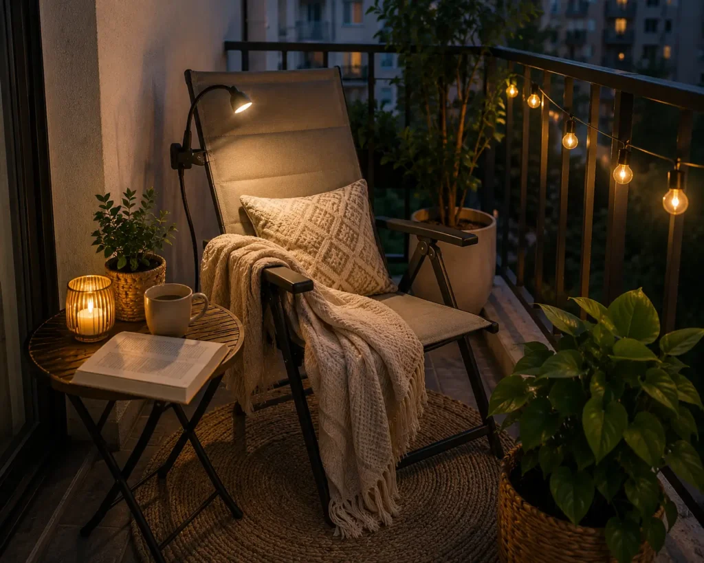 small balcony reading nook with folding chair soft throw blanket battery clip light and side table