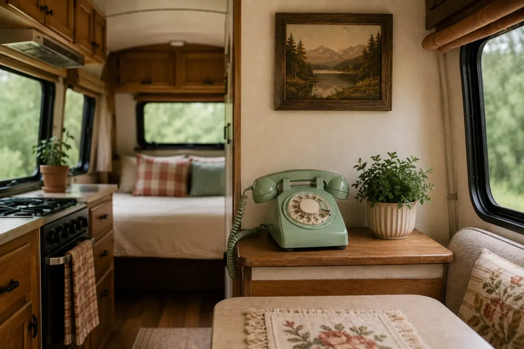 vintage rotary phone display in retro camper
