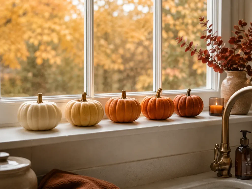 row of cream mini pumpkins on kitchen windowsill for simple autumn home decor