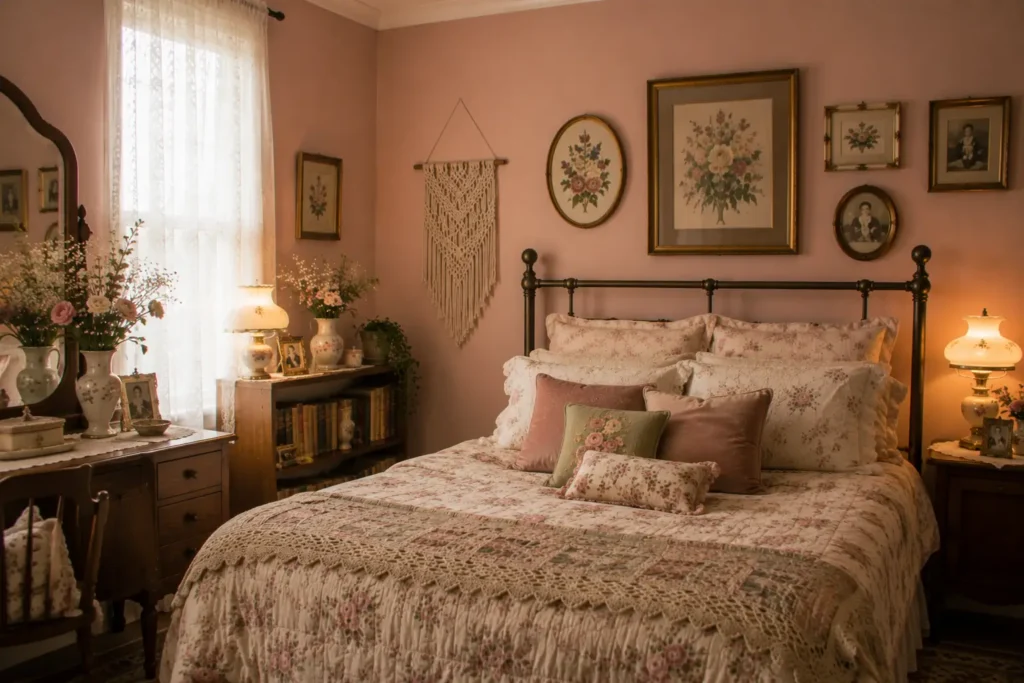 Grandma core bedroom dusty rose painted walls with vintage furniture and floral accents