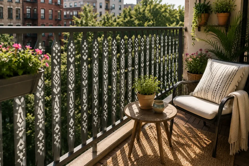 geometric chalk paint stencil pattern on metal apartment balcony railing removable renter friendly decor idea