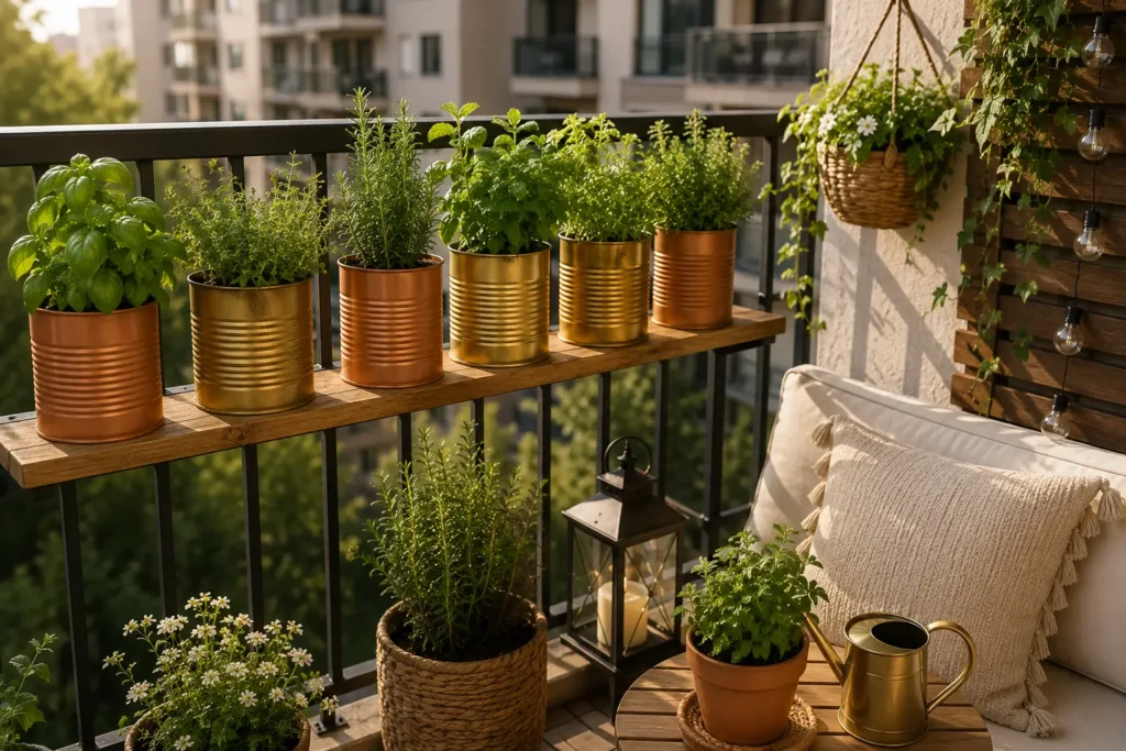 gold spray painted tin cans used as mini herb garden pots lined up on apartment balcony railing diy cheap