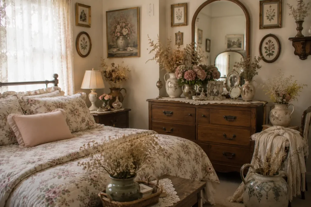 Grandma core bedroom ideas with ceramic vase and dried lavender on vintage dresser