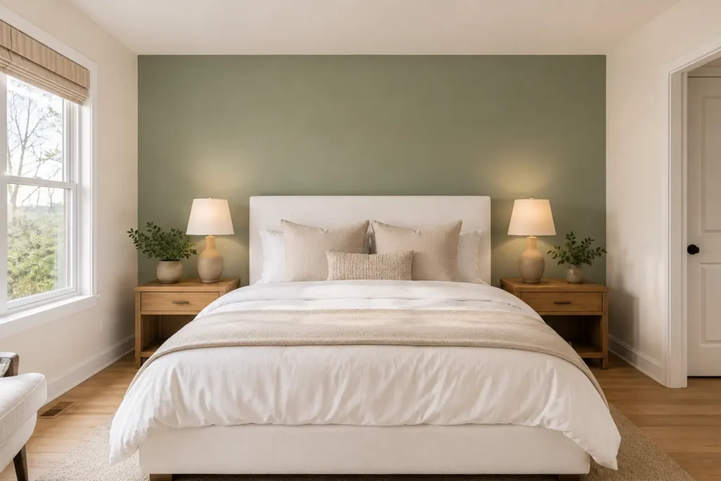 sage green accent wall bedroom with white bedding and oak wood nightstands