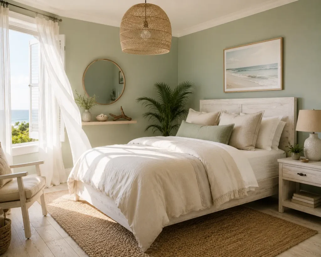 sage green coastal bedroom with seagrass rug whitewashed wood and rattan pendant